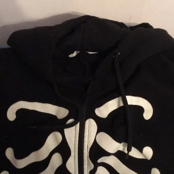 Skeleton Print Fleece Hooded Zipper Black Onesie/Pajamas/Costume - Picture 10 of 17